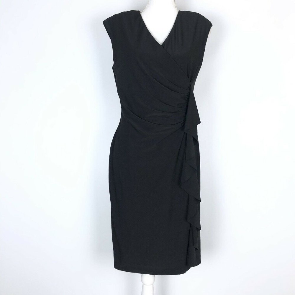 Carmen Marc Valvo Sleeveless V-Neck Crossover Ruched Dress Draped Black M NWT